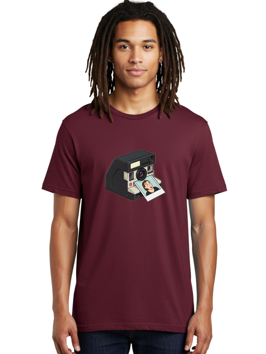 Polaroid-Camera-3 Men'S Graphic Tee, 100% Cotton, Comfortable Casual Summer Wear, Machine Washable, Vintage Camera, Instant Photography, Retro Style, Shocked Expression, Cartoon Character, Nostalgic Feel, Casual Portrait, Surprised Face, Bae683