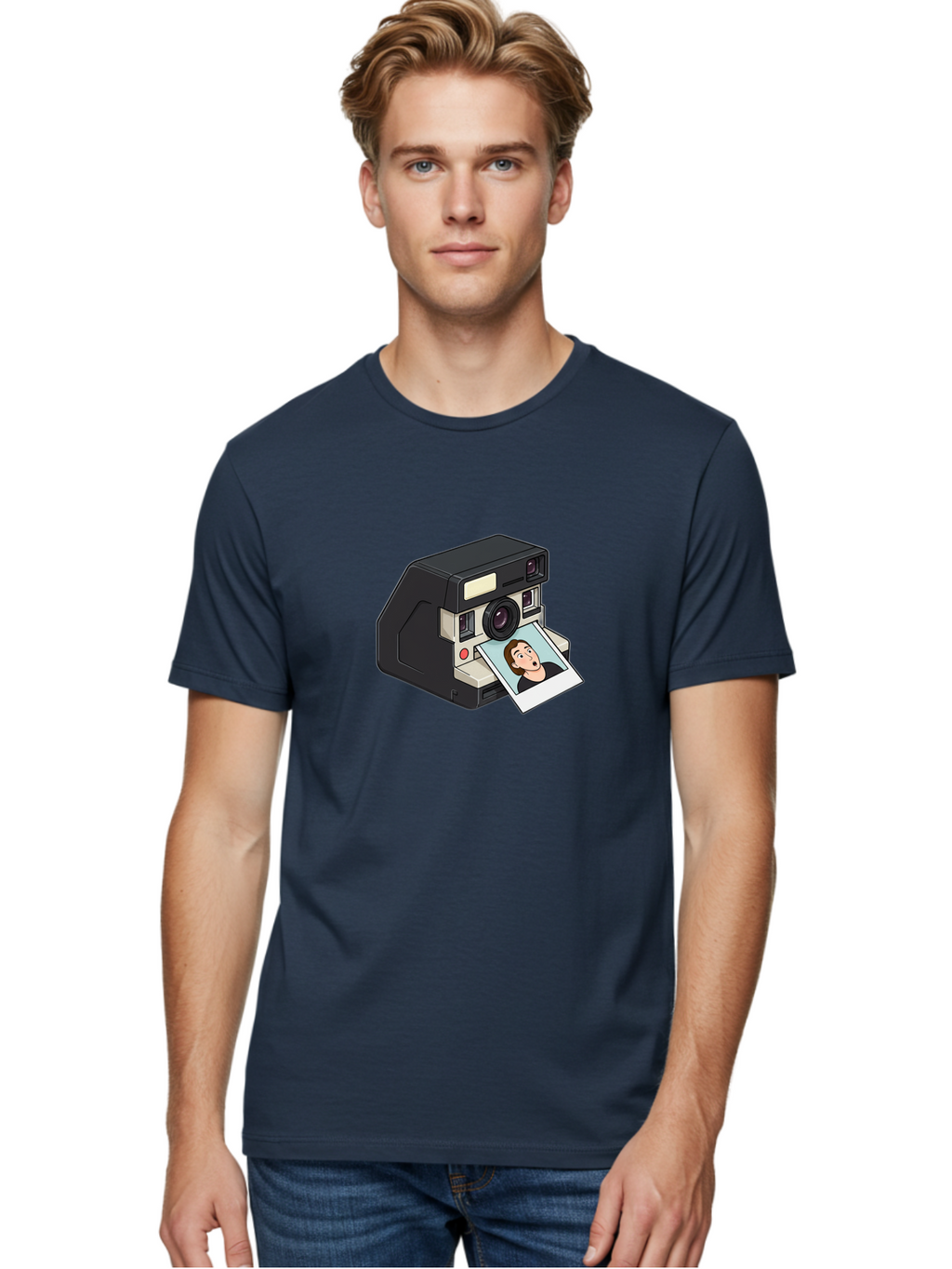 Polaroid-Camera-3 Men'S Graphic Tee, 100% Cotton, Comfortable Casual Summer Wear, Machine Washable, Vintage Camera, Instant Photography, Retro Style, Shocked Expression, Cartoon Character, Nostalgic Feel, Casual Portrait, Surprised Face, Bae683