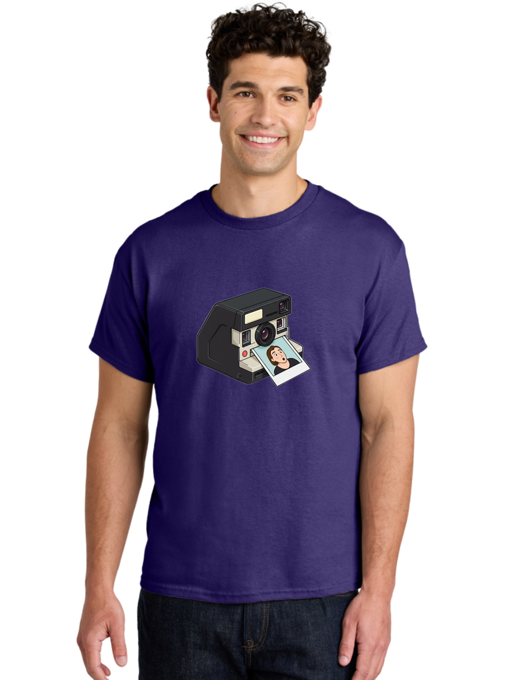 Polaroid-Camera-3 Men'S Graphic Tee, 100% Cotton, Comfortable Casual Summer Wear, Machine Washable, Vintage Camera, Instant Photography, Retro Style, Shocked Expression, Cartoon Character, Nostalgic Feel, Casual Portrait, Surprised Face, Bae683