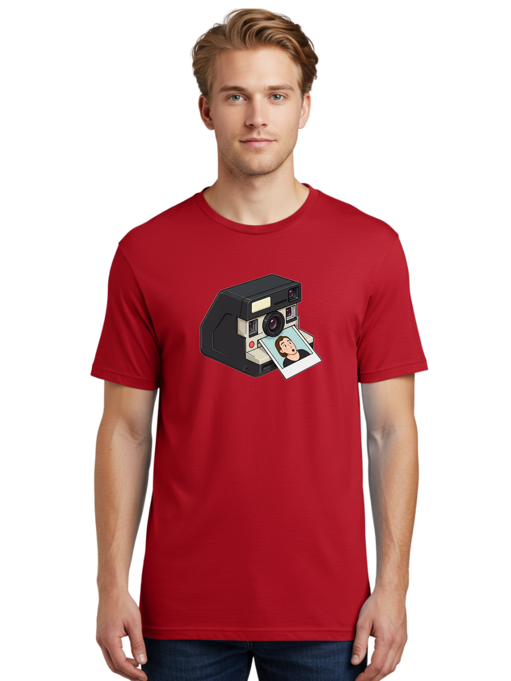 Polaroid-Camera-3 Men'S Graphic Tee, 100% Cotton, Comfortable Casual Summer Wear, Machine Washable, Vintage Camera, Instant Photography, Retro Style, Shocked Expression, Cartoon Character, Nostalgic Feel, Casual Portrait, Surprised Face, Bae683