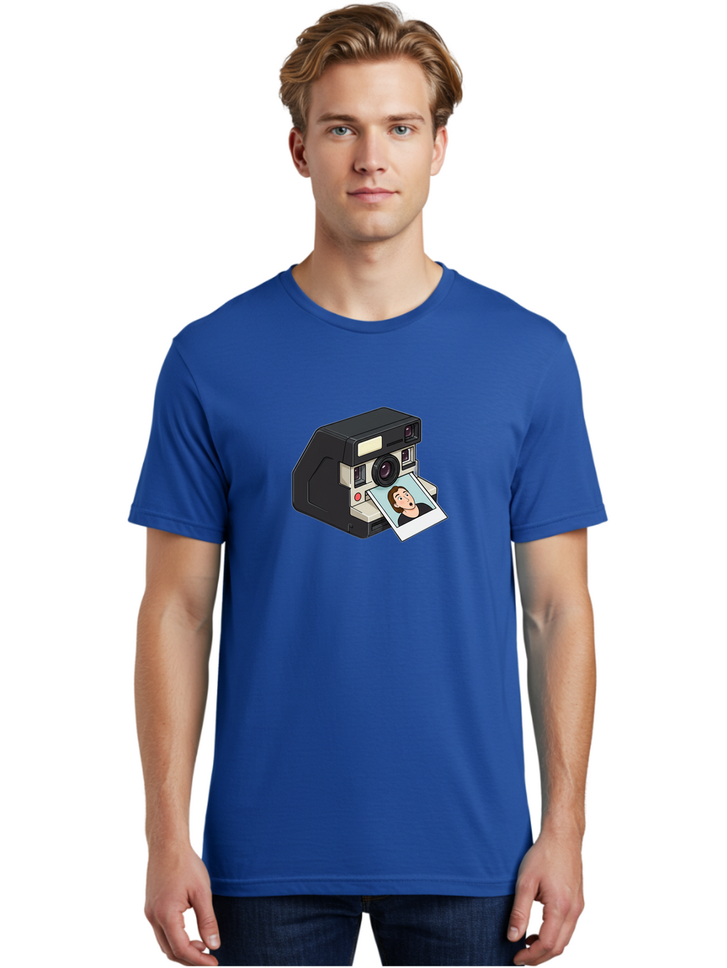 Polaroid-Camera-3 Men'S Graphic Tee, 100% Cotton, Comfortable Casual Summer Wear, Machine Washable, Vintage Camera, Instant Photography, Retro Style, Shocked Expression, Cartoon Character, Nostalgic Feel, Casual Portrait, Surprised Face, Bae683
