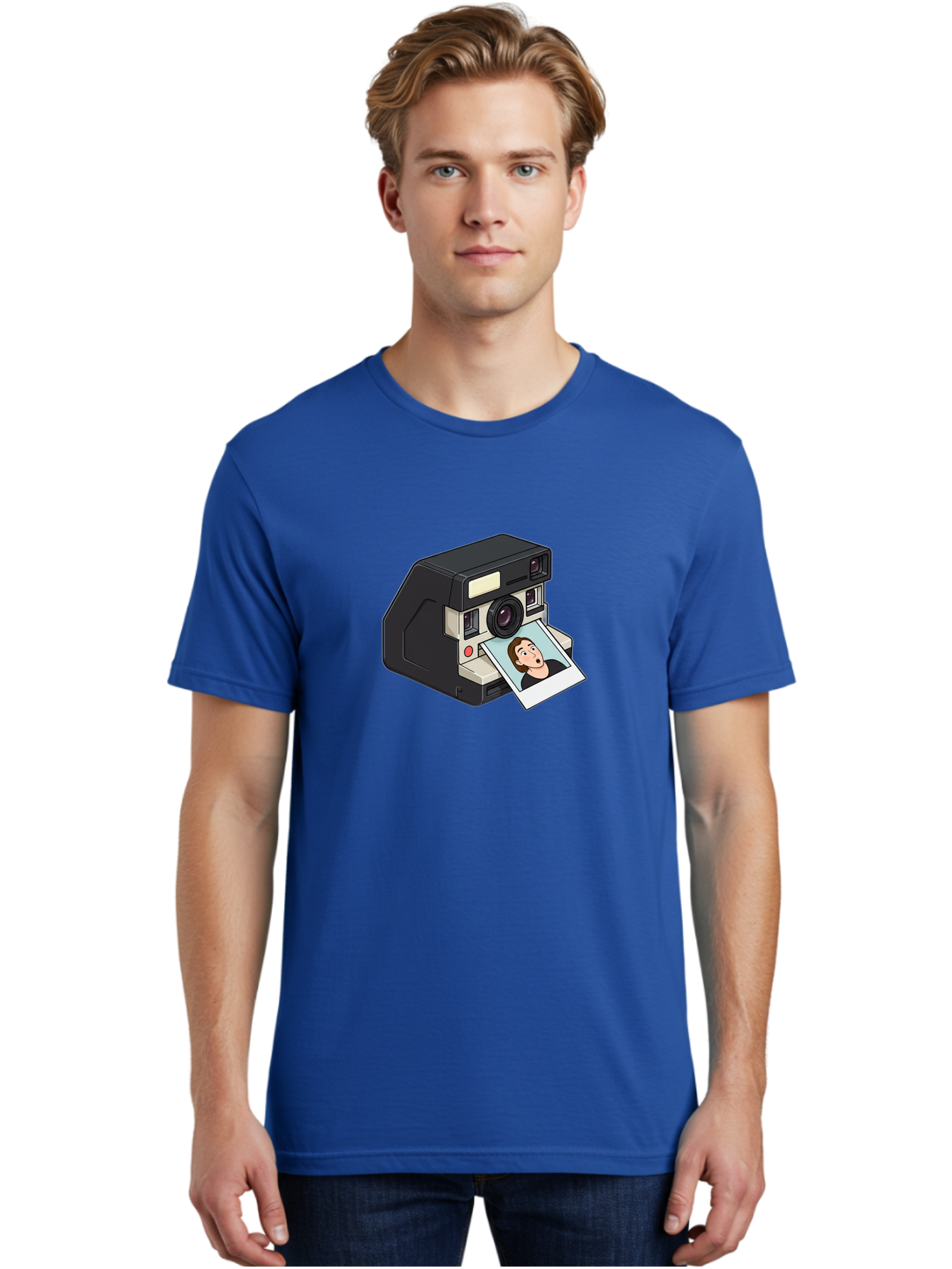 Polaroid-Camera-3 Men'S Graphic Tee, 100% Cotton, Comfortable Casual Summer Wear, Machine Washable, Vintage Camera, Instant Photography, Retro Style, Shocked Expression, Cartoon Character, Nostalgic Feel, Casual Portrait, Surprised Face, Bae683
