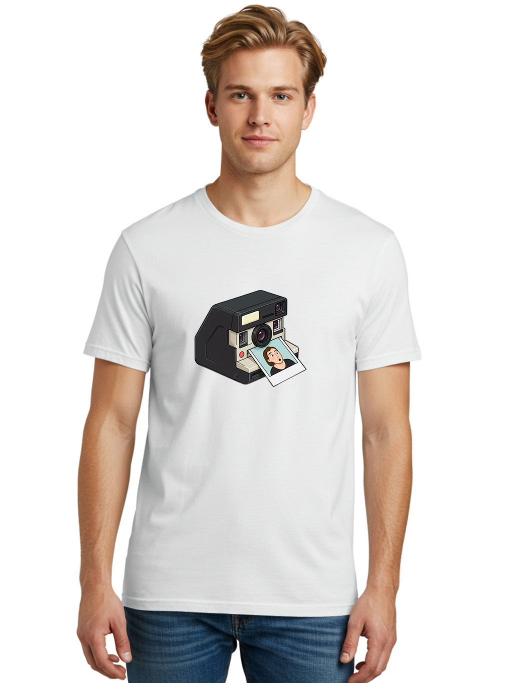 Polaroid-Camera-3 Men'S Graphic Tee, 100% Cotton, Comfortable Casual Summer Wear, Machine Washable, Vintage Camera, Instant Photography, Retro Style, Shocked Expression, Cartoon Character, Nostalgic Feel, Casual Portrait, Surprised Face, Bae683