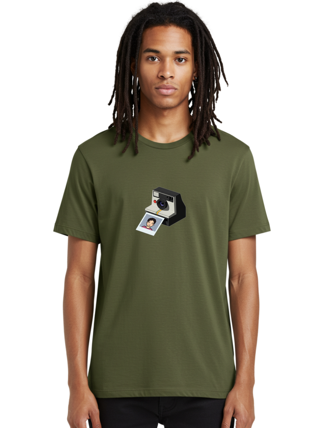 Polaroid-Camera-4 Men'S Graphic Tee, 100% Cotton, Comfortable Casual Summer Wear, Machine Washable, Polaroid Camera, Instant Photography, Retro Camera, Printed Photo, Smiling Man, Nostalgic Feel, Casual Portrait, Vintage Style Bae684