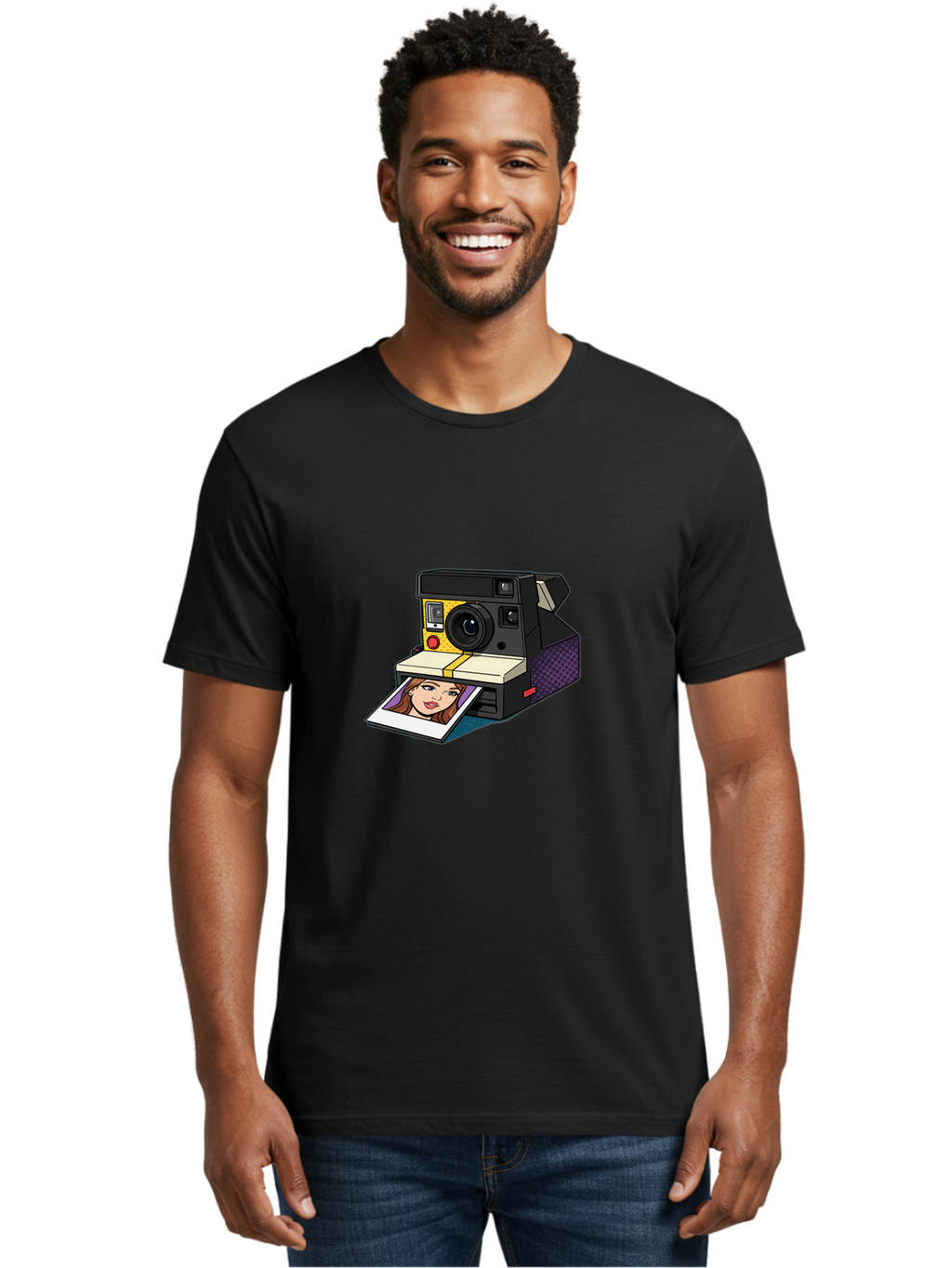 Polaroid-Camera-5 Men'S Graphic Tee, 100% Cotton, Comfortable Casual Summer Wear, Machine Washable, Instant Camera, Polaroid Photography, Retro Camera, Smiling Woman Portrait, Red Lips, Analog Photography, Instant Print Bae685