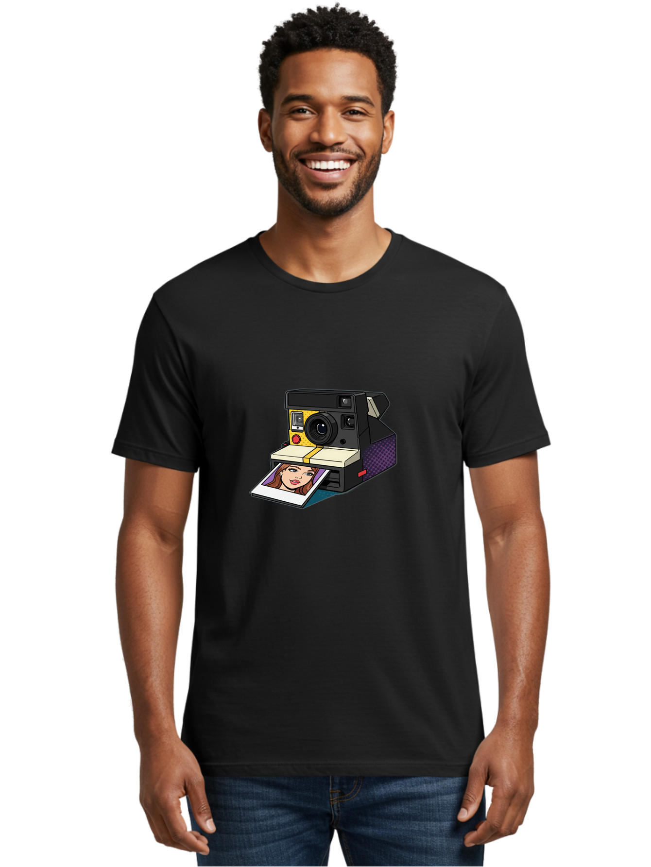 Polaroid-Camera-5 Men'S Graphic Tee, 100% Cotton, Comfortable Casual Summer Wear, Machine Washable, Instant Camera, Polaroid Photography, Retro Camera, Smiling Woman Portrait, Red Lips, Analog Photography, Instant Print Bae685