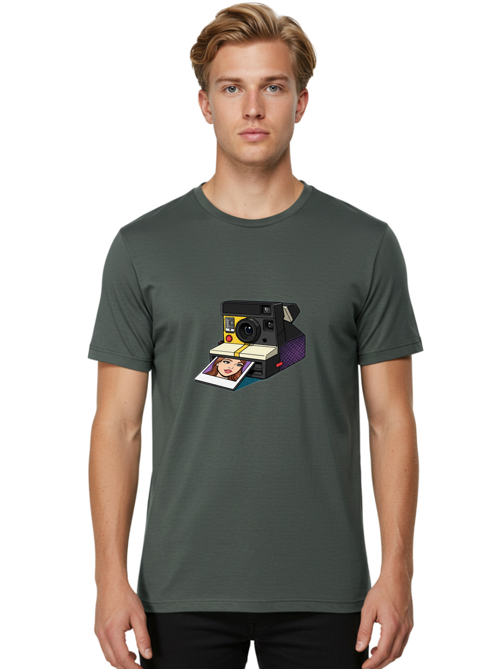 Polaroid-Camera-5 Men'S Graphic Tee, 100% Cotton, Comfortable Casual Summer Wear, Machine Washable, Instant Camera, Polaroid Photography, Retro Camera, Smiling Woman Portrait, Red Lips, Analog Photography, Instant Print Bae685