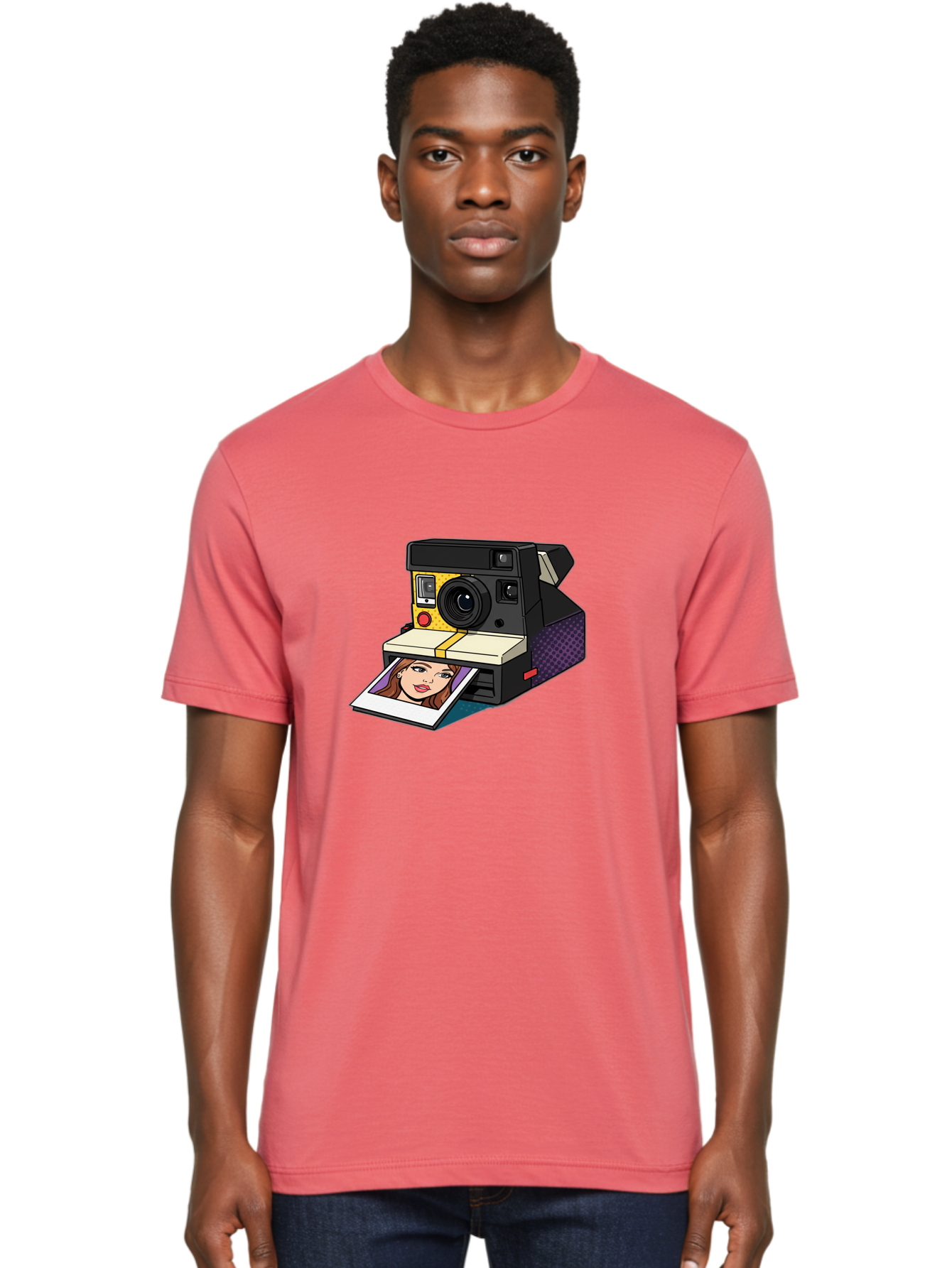 Polaroid-Camera-5 Men'S Graphic Tee, 100% Cotton, Comfortable Casual Summer Wear, Machine Washable, Instant Camera, Polaroid Photography, Retro Camera, Smiling Woman Portrait, Red Lips, Analog Photography, Instant Print Bae685