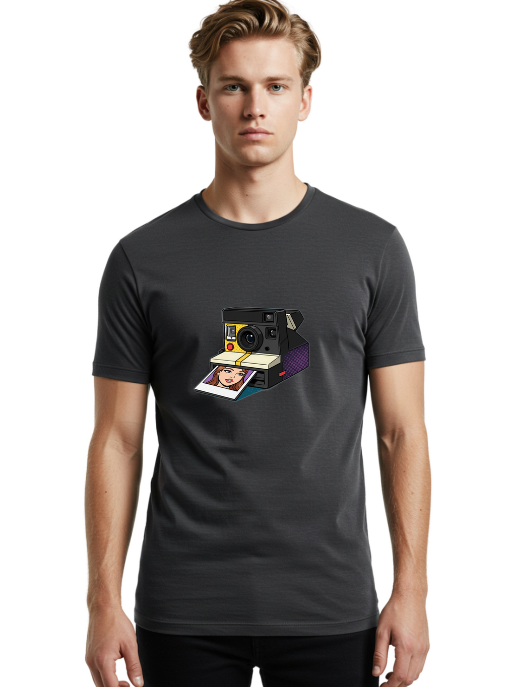 Polaroid-Camera-5 Men'S Graphic Tee, 100% Cotton, Comfortable Casual Summer Wear, Machine Washable, Instant Camera, Polaroid Photography, Retro Camera, Smiling Woman Portrait, Red Lips, Analog Photography, Instant Print Bae685