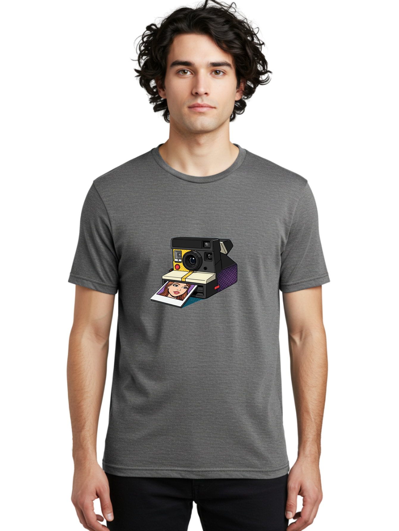 Polaroid-Camera-5 Men'S Graphic Tee, 100% Cotton, Comfortable Casual Summer Wear, Machine Washable, Instant Camera, Polaroid Photography, Retro Camera, Smiling Woman Portrait, Red Lips, Analog Photography, Instant Print Bae685