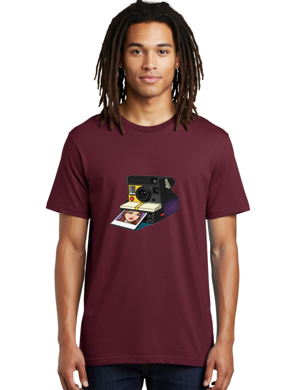 Polaroid-Camera-5 Men'S Graphic Tee, 100% Cotton, Comfortable Casual Summer Wear, Machine Washable, Instant Camera, Polaroid Photography, Retro Camera, Smiling Woman Portrait, Red Lips, Analog Photography, Instant Print Bae685