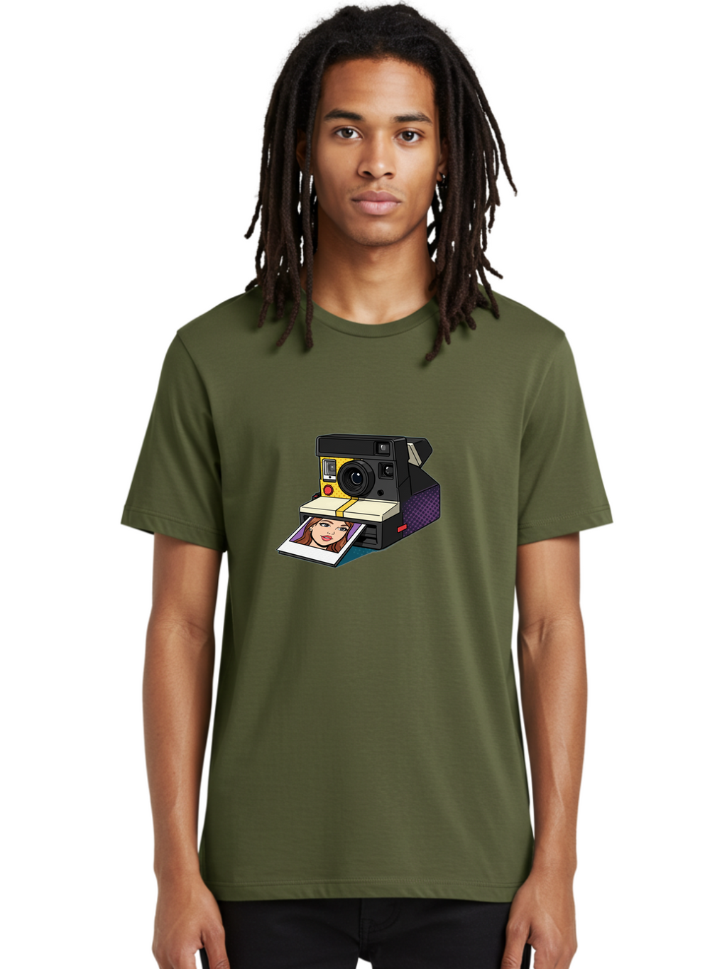 Polaroid-Camera-5 Men'S Graphic Tee, 100% Cotton, Comfortable Casual Summer Wear, Machine Washable, Instant Camera, Polaroid Photography, Retro Camera, Smiling Woman Portrait, Red Lips, Analog Photography, Instant Print Bae685