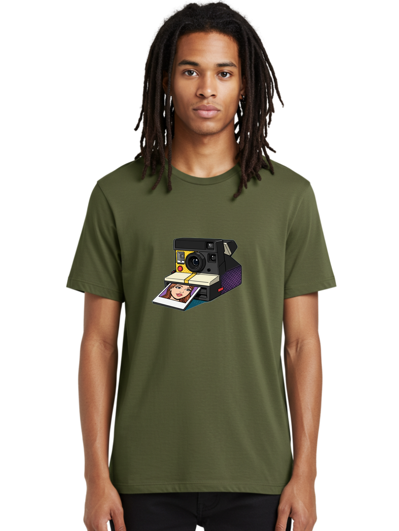 Polaroid-Camera-5 Men'S Graphic Tee, 100% Cotton, Comfortable Casual Summer Wear, Machine Washable, Instant Camera, Polaroid Photography, Retro Camera, Smiling Woman Portrait, Red Lips, Analog Photography, Instant Print Bae685