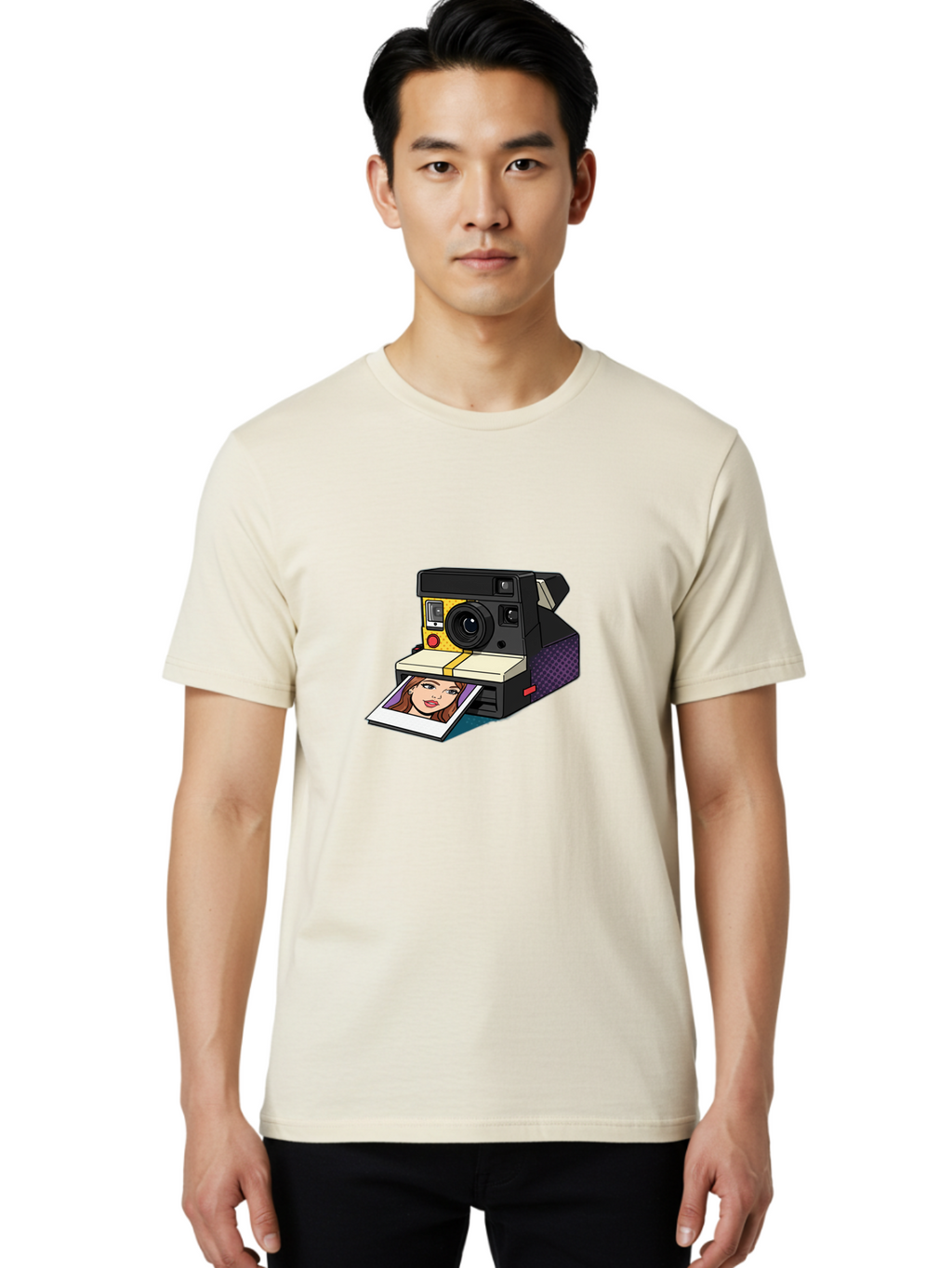 Polaroid-Camera-5 Men'S Graphic Tee, 100% Cotton, Comfortable Casual Summer Wear, Machine Washable, Instant Camera, Polaroid Photography, Retro Camera, Smiling Woman Portrait, Red Lips, Analog Photography, Instant Print Bae685