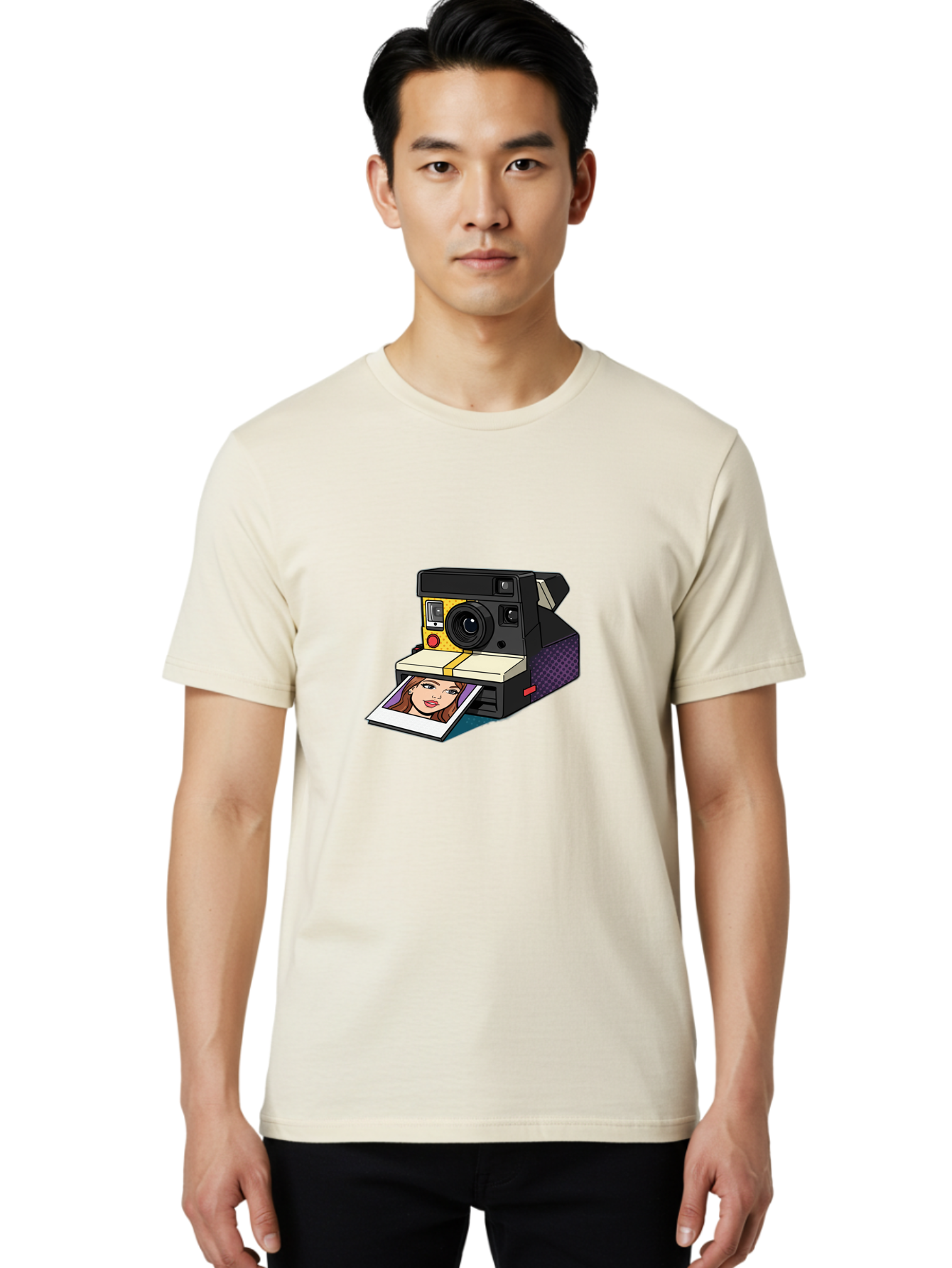 Polaroid-Camera-5 Men'S Graphic Tee, 100% Cotton, Comfortable Casual Summer Wear, Machine Washable, Instant Camera, Polaroid Photography, Retro Camera, Smiling Woman Portrait, Red Lips, Analog Photography, Instant Print Bae685