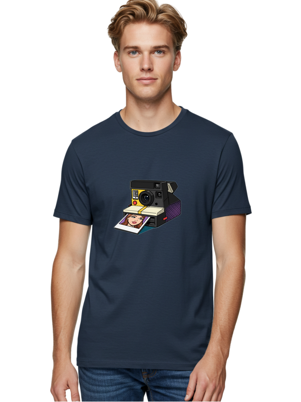Polaroid-Camera-5 Men'S Graphic Tee, 100% Cotton, Comfortable Casual Summer Wear, Machine Washable, Instant Camera, Polaroid Photography, Retro Camera, Smiling Woman Portrait, Red Lips, Analog Photography, Instant Print Bae685