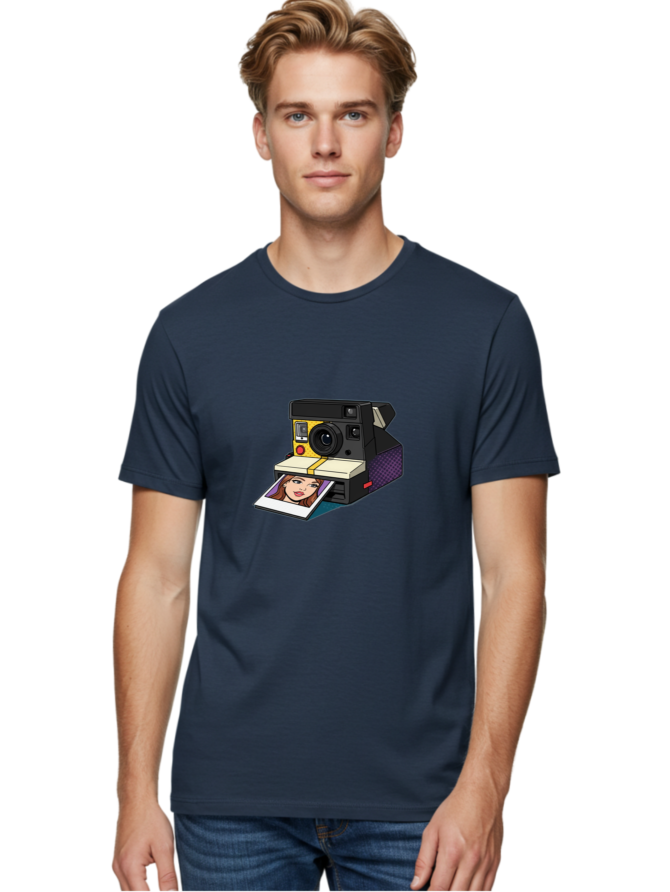 Polaroid-Camera-5 Men'S Graphic Tee, 100% Cotton, Comfortable Casual Summer Wear, Machine Washable, Instant Camera, Polaroid Photography, Retro Camera, Smiling Woman Portrait, Red Lips, Analog Photography, Instant Print Bae685