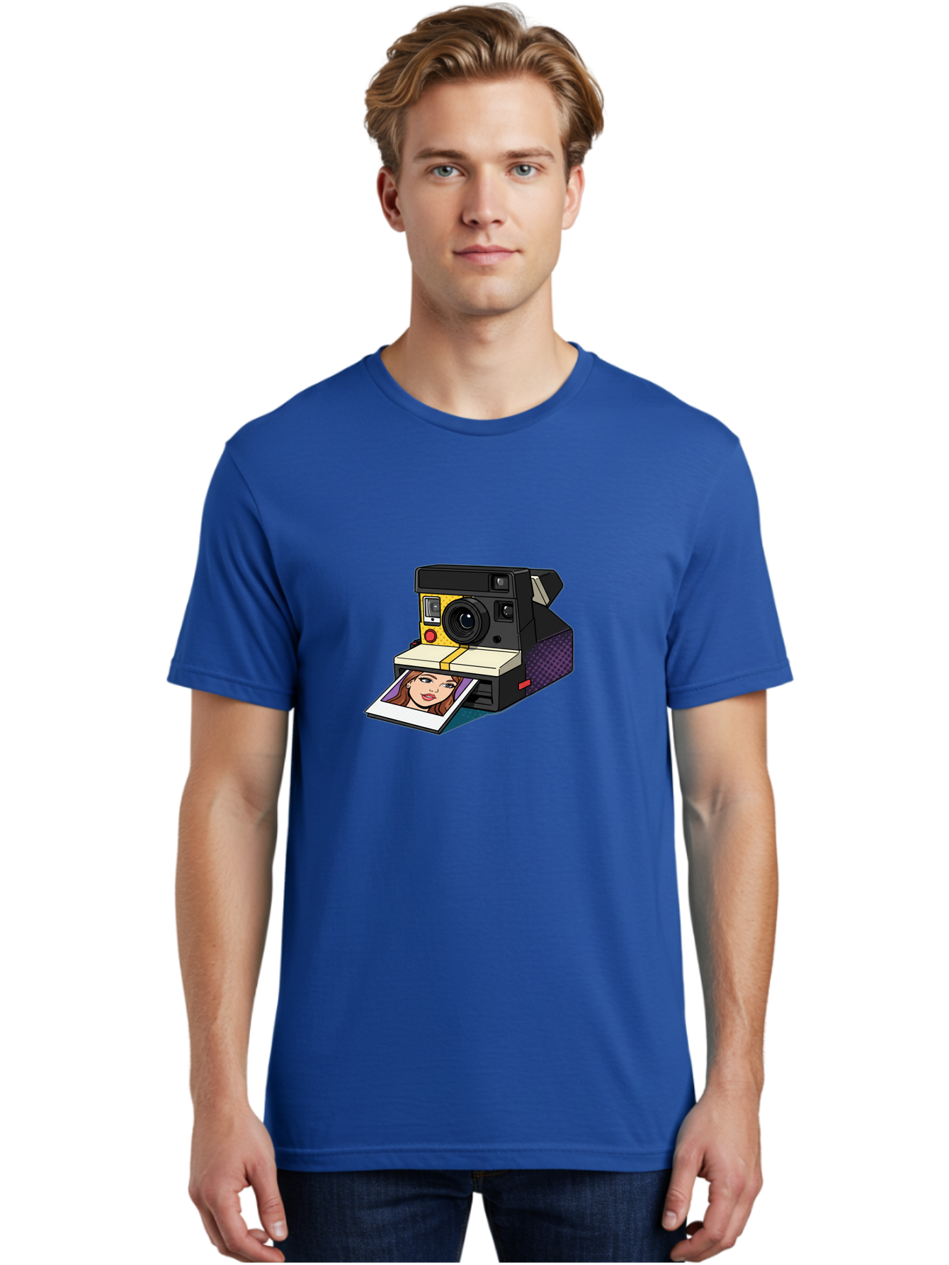 Polaroid-Camera-5 Men'S Graphic Tee, 100% Cotton, Comfortable Casual Summer Wear, Machine Washable, Instant Camera, Polaroid Photography, Retro Camera, Smiling Woman Portrait, Red Lips, Analog Photography, Instant Print Bae685