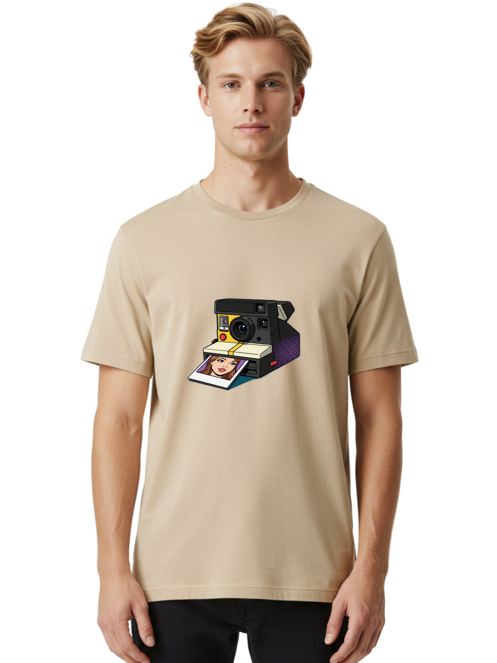 Polaroid-Camera-5 Men'S Graphic Tee, 100% Cotton, Comfortable Casual Summer Wear, Machine Washable, Instant Camera, Polaroid Photography, Retro Camera, Smiling Woman Portrait, Red Lips, Analog Photography, Instant Print Bae685