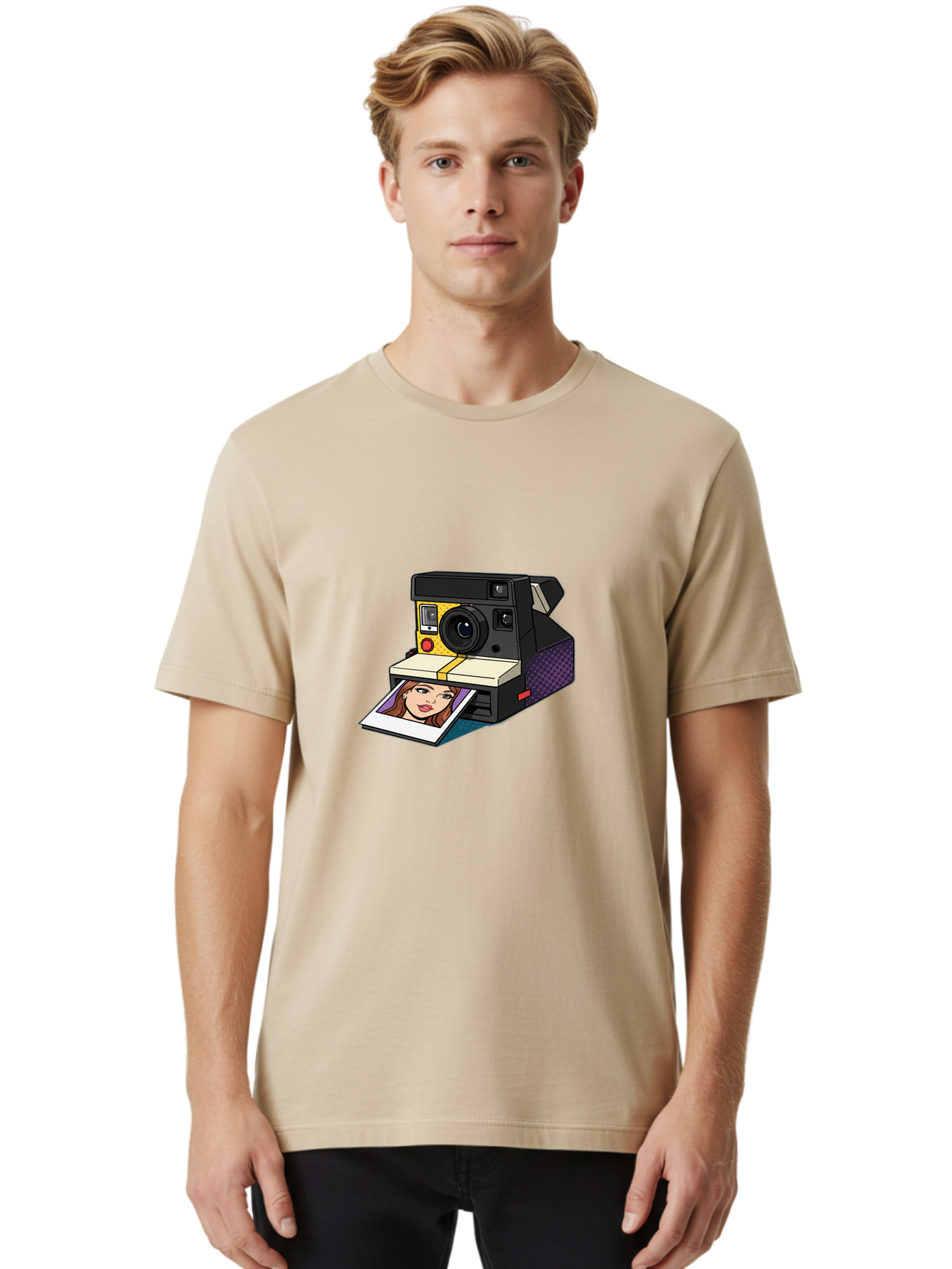 Polaroid-Camera-5 Men'S Graphic Tee, 100% Cotton, Comfortable Casual Summer Wear, Machine Washable, Instant Camera, Polaroid Photography, Retro Camera, Smiling Woman Portrait, Red Lips, Analog Photography, Instant Print Bae685
