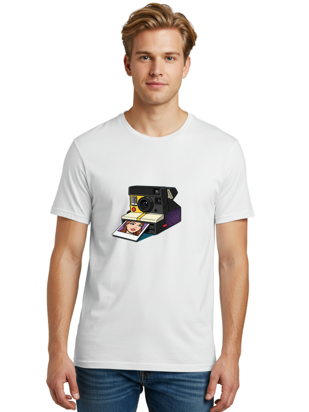 Polaroid-Camera-5 Men'S Graphic Tee, 100% Cotton, Comfortable Casual Summer Wear, Machine Washable, Instant Camera, Polaroid Photography, Retro Camera, Smiling Woman Portrait, Red Lips, Analog Photography, Instant Print Bae685