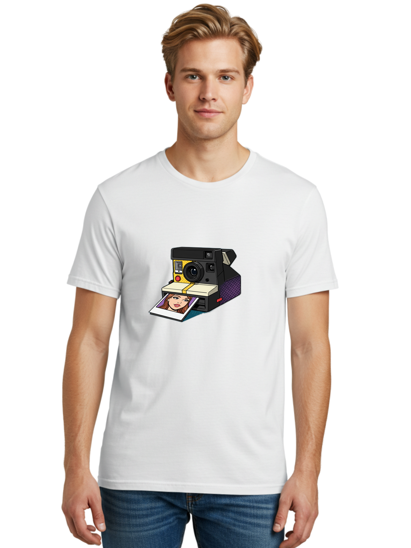 Polaroid-Camera-5 Men'S Graphic Tee, 100% Cotton, Comfortable Casual Summer Wear, Machine Washable, Instant Camera, Polaroid Photography, Retro Camera, Smiling Woman Portrait, Red Lips, Analog Photography, Instant Print Bae685
