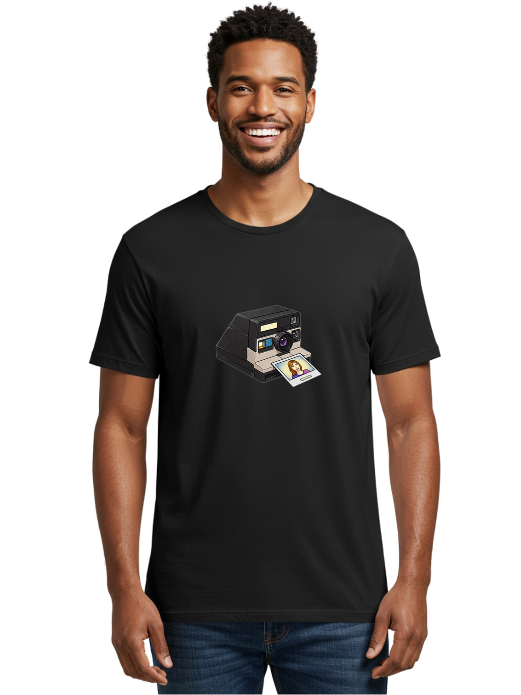 Polaroid-Camera-6 Men'S Graphic Tee, 100% Cotton, Comfortable Casual Summer Wear, Machine Washable, Polaroid Camera, Instant Photo, Printed Picture, Cartoon-Style, Retro Photography, Nostalgic Feel, Photo Of A Woman, Digital Illustration, Bae686
