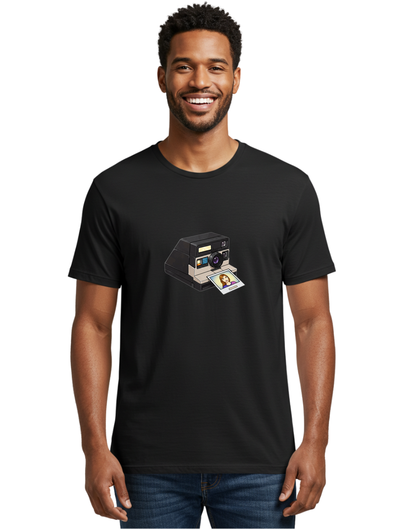 Polaroid-Camera-6 Men'S Graphic Tee, 100% Cotton, Comfortable Casual Summer Wear, Machine Washable, Polaroid Camera, Instant Photo, Printed Picture, Cartoon-Style, Retro Photography, Nostalgic Feel, Photo Of A Woman, Digital Illustration, Bae686