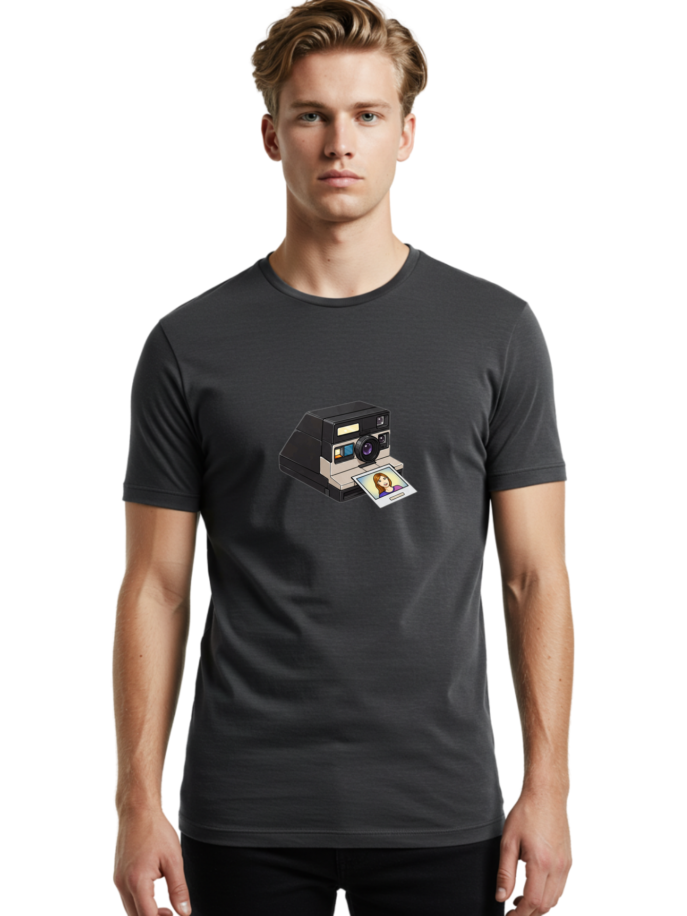 Polaroid-Camera-6 Men'S Graphic Tee, 100% Cotton, Comfortable Casual Summer Wear, Machine Washable, Polaroid Camera, Instant Photo, Printed Picture, Cartoon-Style, Retro Photography, Nostalgic Feel, Photo Of A Woman, Digital Illustration, Bae686