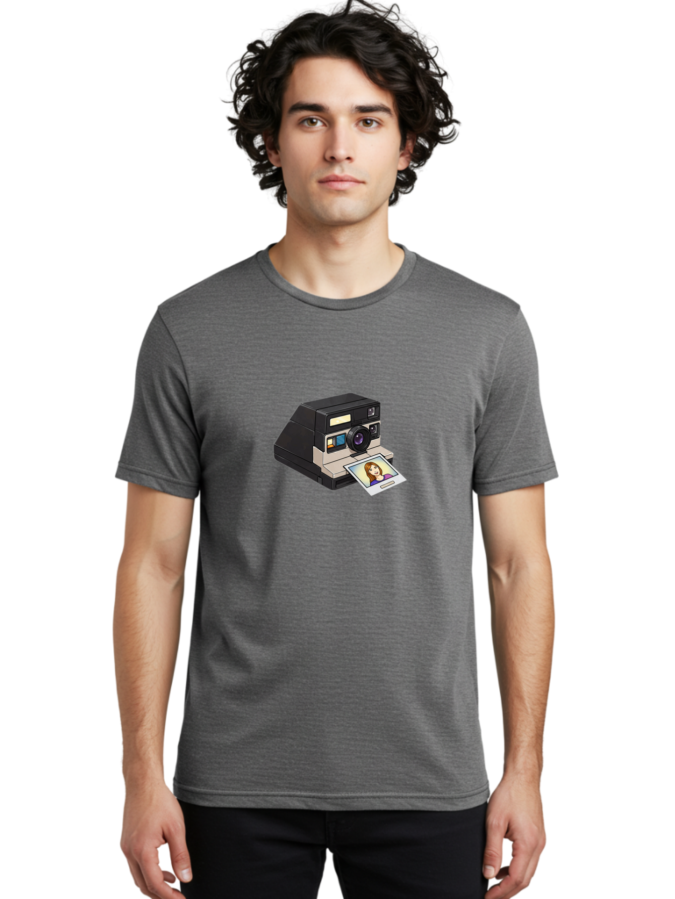 Polaroid-Camera-6 Men'S Graphic Tee, 100% Cotton, Comfortable Casual Summer Wear, Machine Washable, Polaroid Camera, Instant Photo, Printed Picture, Cartoon-Style, Retro Photography, Nostalgic Feel, Photo Of A Woman, Digital Illustration, Bae686