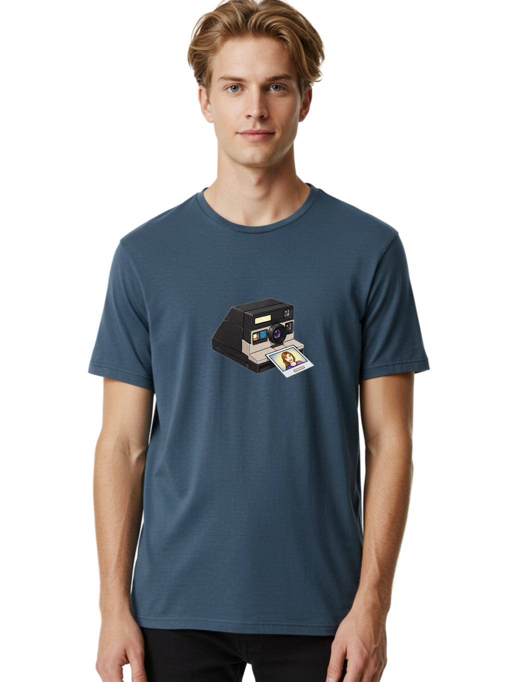 Polaroid-Camera-6 Men'S Graphic Tee, 100% Cotton, Comfortable Casual Summer Wear, Machine Washable, Polaroid Camera, Instant Photo, Printed Picture, Cartoon-Style, Retro Photography, Nostalgic Feel, Photo Of A Woman, Digital Illustration, Bae686