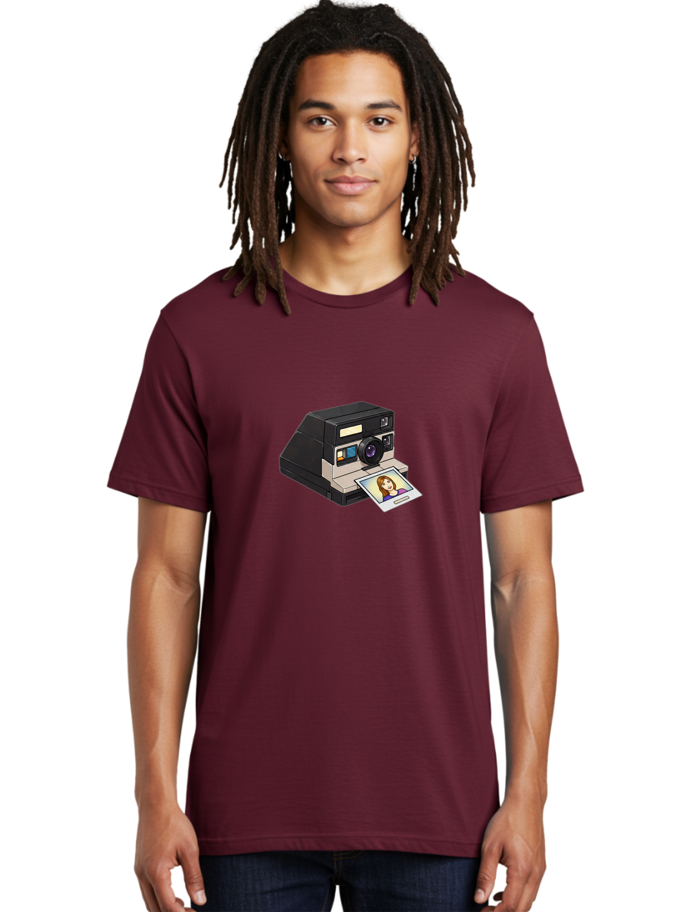Polaroid-Camera-6 Men'S Graphic Tee, 100% Cotton, Comfortable Casual Summer Wear, Machine Washable, Polaroid Camera, Instant Photo, Printed Picture, Cartoon-Style, Retro Photography, Nostalgic Feel, Photo Of A Woman, Digital Illustration, Bae686