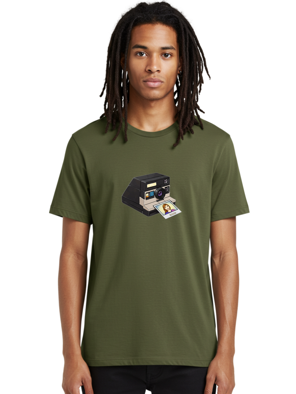 Polaroid-Camera-6 Men'S Graphic Tee, 100% Cotton, Comfortable Casual Summer Wear, Machine Washable, Polaroid Camera, Instant Photo, Printed Picture, Cartoon-Style, Retro Photography, Nostalgic Feel, Photo Of A Woman, Digital Illustration, Bae686