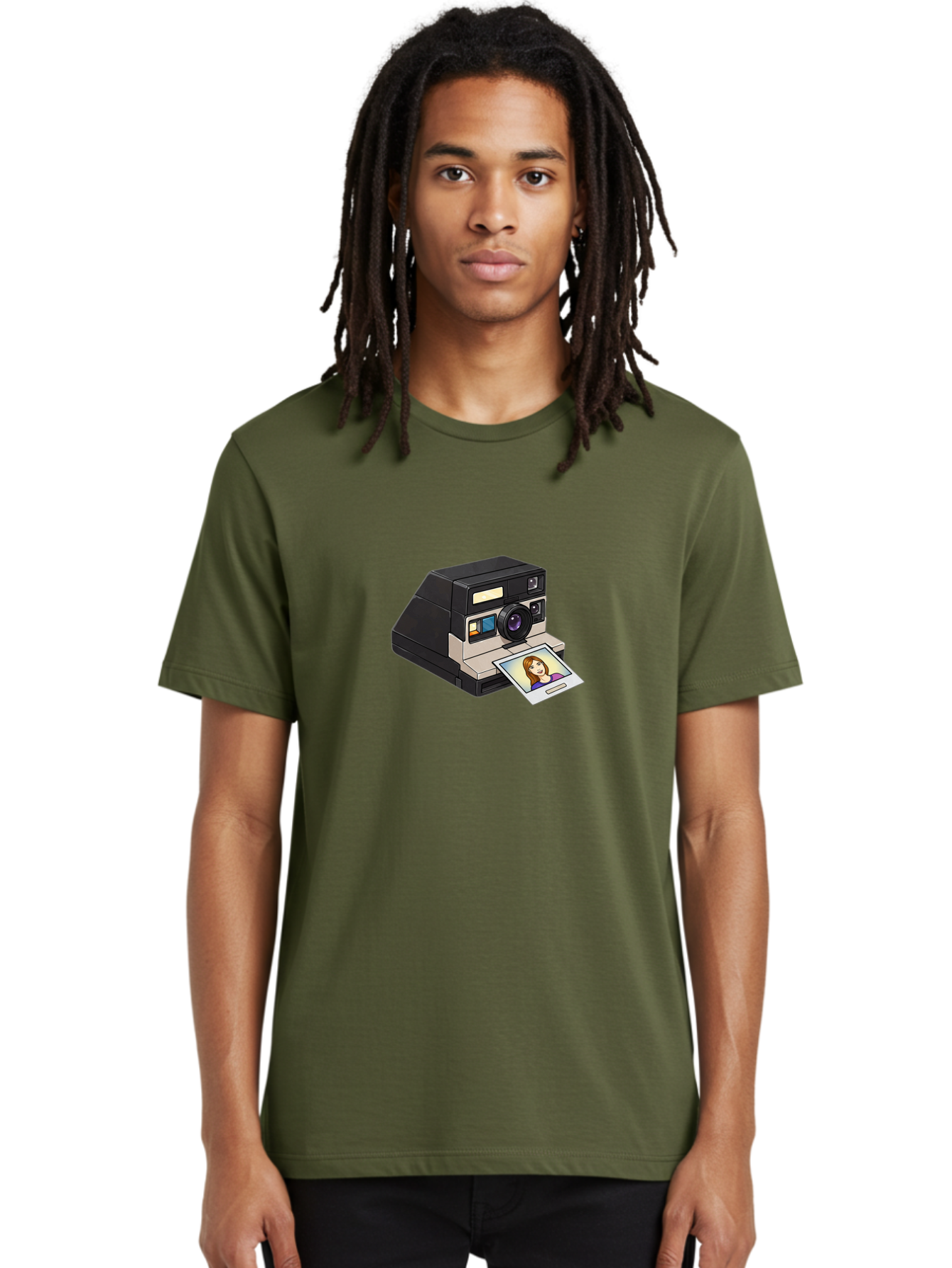 Polaroid-Camera-6 Men'S Graphic Tee, 100% Cotton, Comfortable Casual Summer Wear, Machine Washable, Polaroid Camera, Instant Photo, Printed Picture, Cartoon-Style, Retro Photography, Nostalgic Feel, Photo Of A Woman, Digital Illustration, Bae686