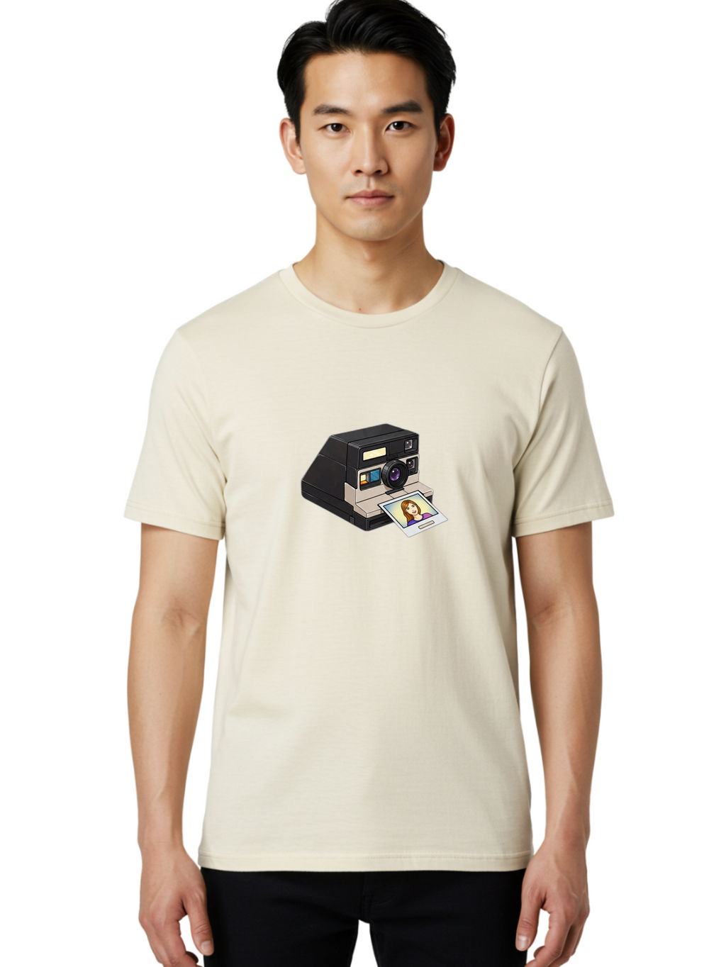 Polaroid-Camera-6 Men'S Graphic Tee, 100% Cotton, Comfortable Casual Summer Wear, Machine Washable, Polaroid Camera, Instant Photo, Printed Picture, Cartoon-Style, Retro Photography, Nostalgic Feel, Photo Of A Woman, Digital Illustration, Bae686