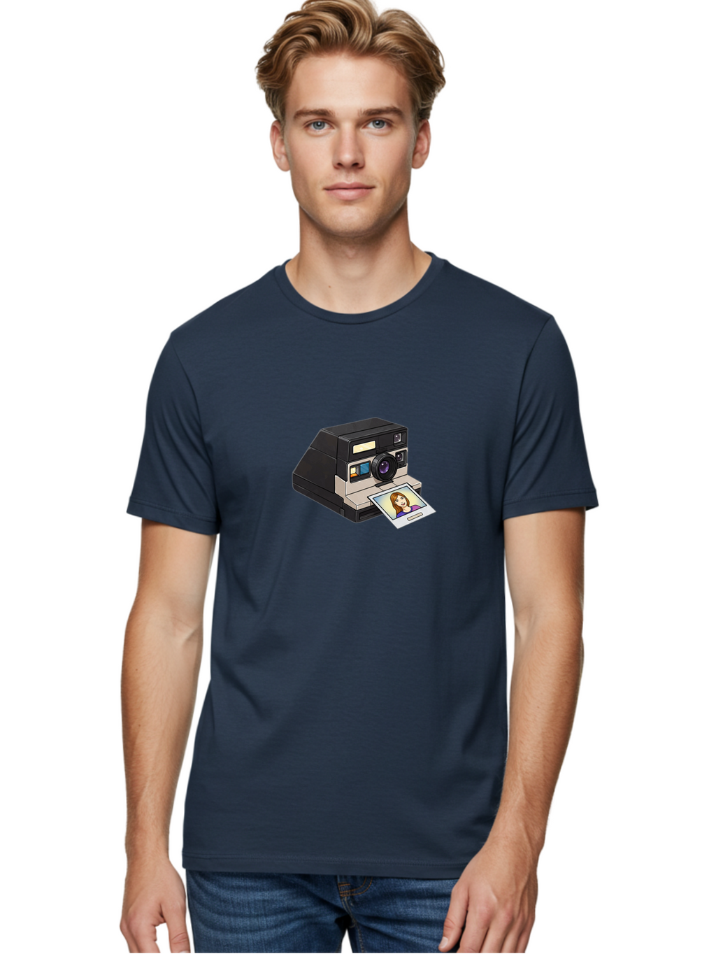 Polaroid-Camera-6 Men'S Graphic Tee, 100% Cotton, Comfortable Casual Summer Wear, Machine Washable, Polaroid Camera, Instant Photo, Printed Picture, Cartoon-Style, Retro Photography, Nostalgic Feel, Photo Of A Woman, Digital Illustration, Bae686