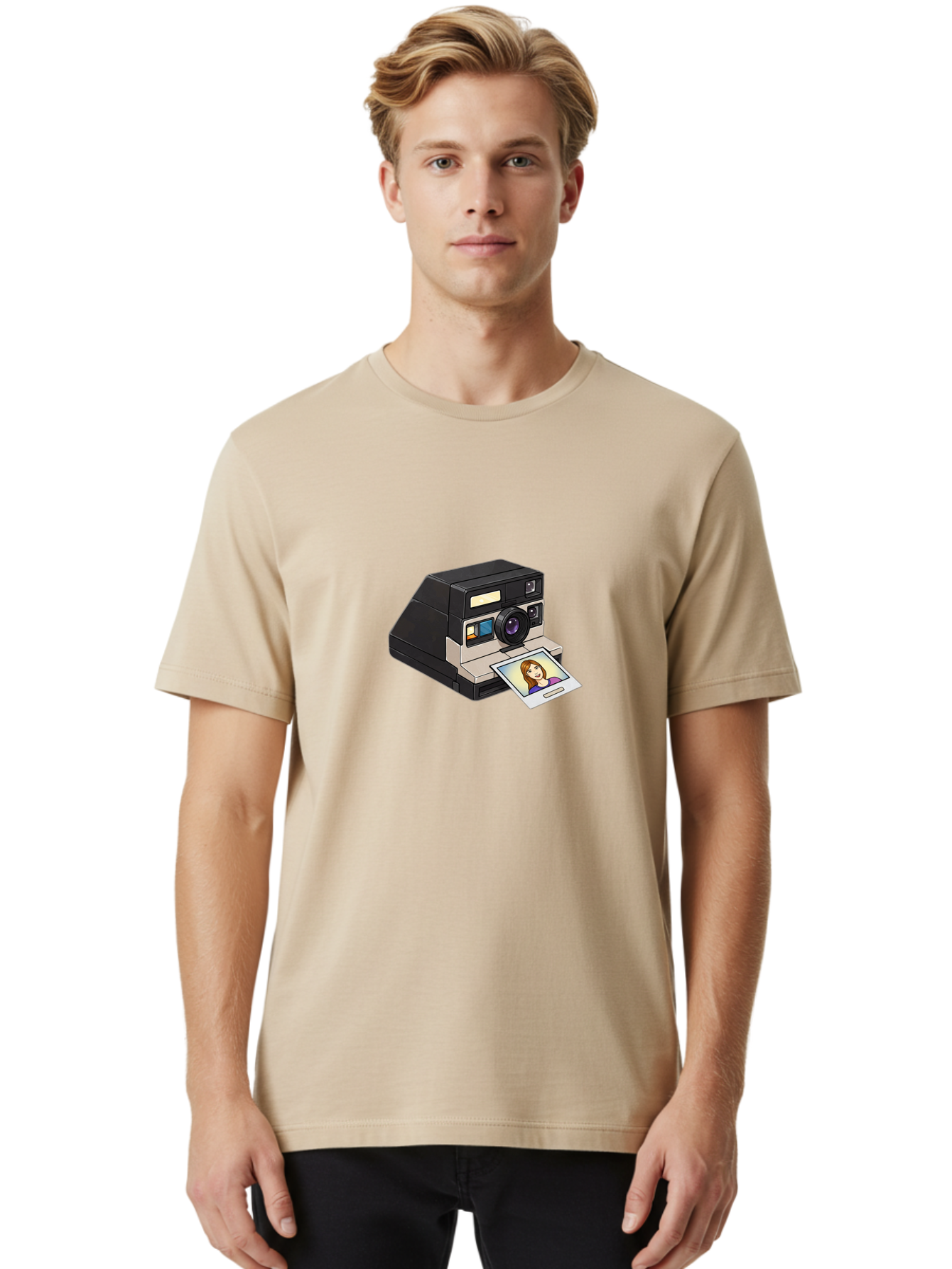 Polaroid-Camera-6 Men'S Graphic Tee, 100% Cotton, Comfortable Casual Summer Wear, Machine Washable, Polaroid Camera, Instant Photo, Printed Picture, Cartoon-Style, Retro Photography, Nostalgic Feel, Photo Of A Woman, Digital Illustration, Bae686