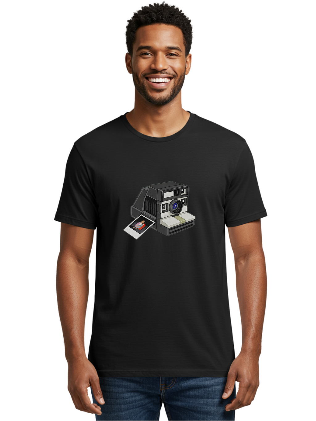Polaroid-Camera-7 Men'S Graphic Tee, 100% Cotton, Comfortable Casual Summer Wear, Machine Washable, Polaroid Camera, Instant Photo, Nostalgic Technology, Retro Photography, Developed Picture, Square Format, Close-Up Shot, Digital Illustration Bae687