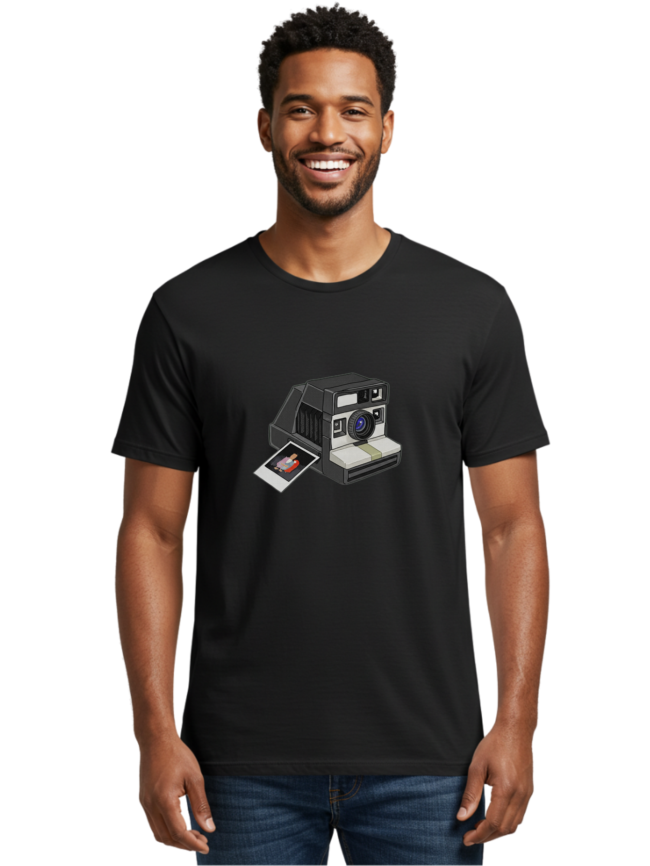 Polaroid-Camera-7 Men'S Graphic Tee, 100% Cotton, Comfortable Casual Summer Wear, Machine Washable, Polaroid Camera, Instant Photo, Nostalgic Technology, Retro Photography, Developed Picture, Square Format, Close-Up Shot, Digital Illustration Bae687