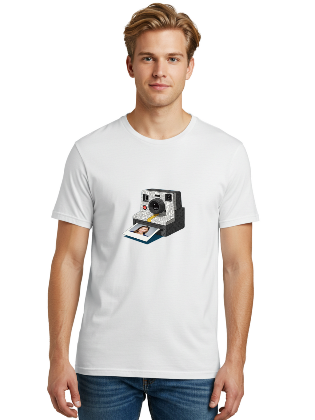 Polaroid-Camera-9 Men'S Graphic Tee, 100% Cotton, Comfortable Casual Summer Wear, Machine Washable, Vintage Camera, Instant Photography, Polaroid Picture, Smiling Woman, Retro Style, Nostalgic Feel, Analog Photography, Instant Print Bae689