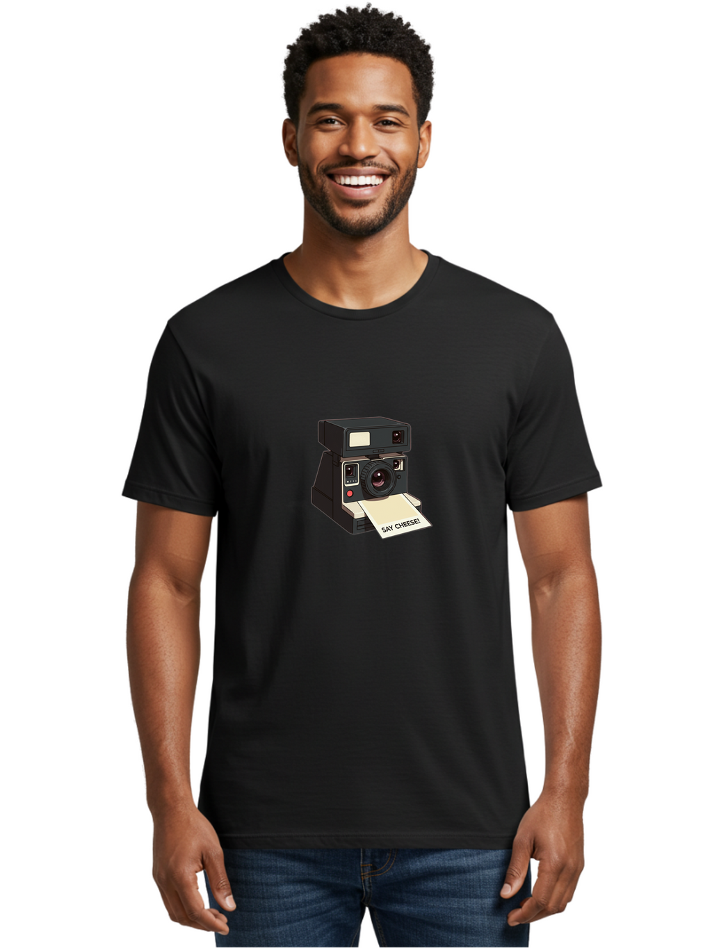 Polaroid-Camera Men'S Graphic Tee, 100% Cotton, Comfortable Casual Summer Wear, Machine Washable, Vintage Polaroid Camera, Instant Photography, Retro Style, Say Cheese Print, Nostalgic Feel, Photography Moment, Classic Design, Black Camera Bae690