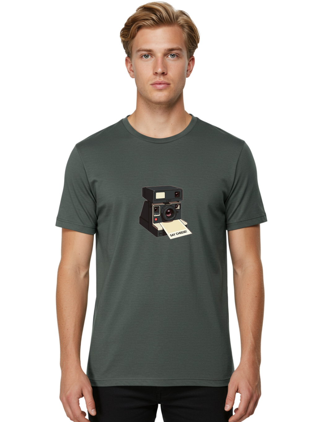 Polaroid-Camera Men'S Graphic Tee, 100% Cotton, Comfortable Casual Summer Wear, Machine Washable, Vintage Polaroid Camera, Instant Photography, Retro Style, Say Cheese Print, Nostalgic Feel, Photography Moment, Classic Design, Black Camera Bae690