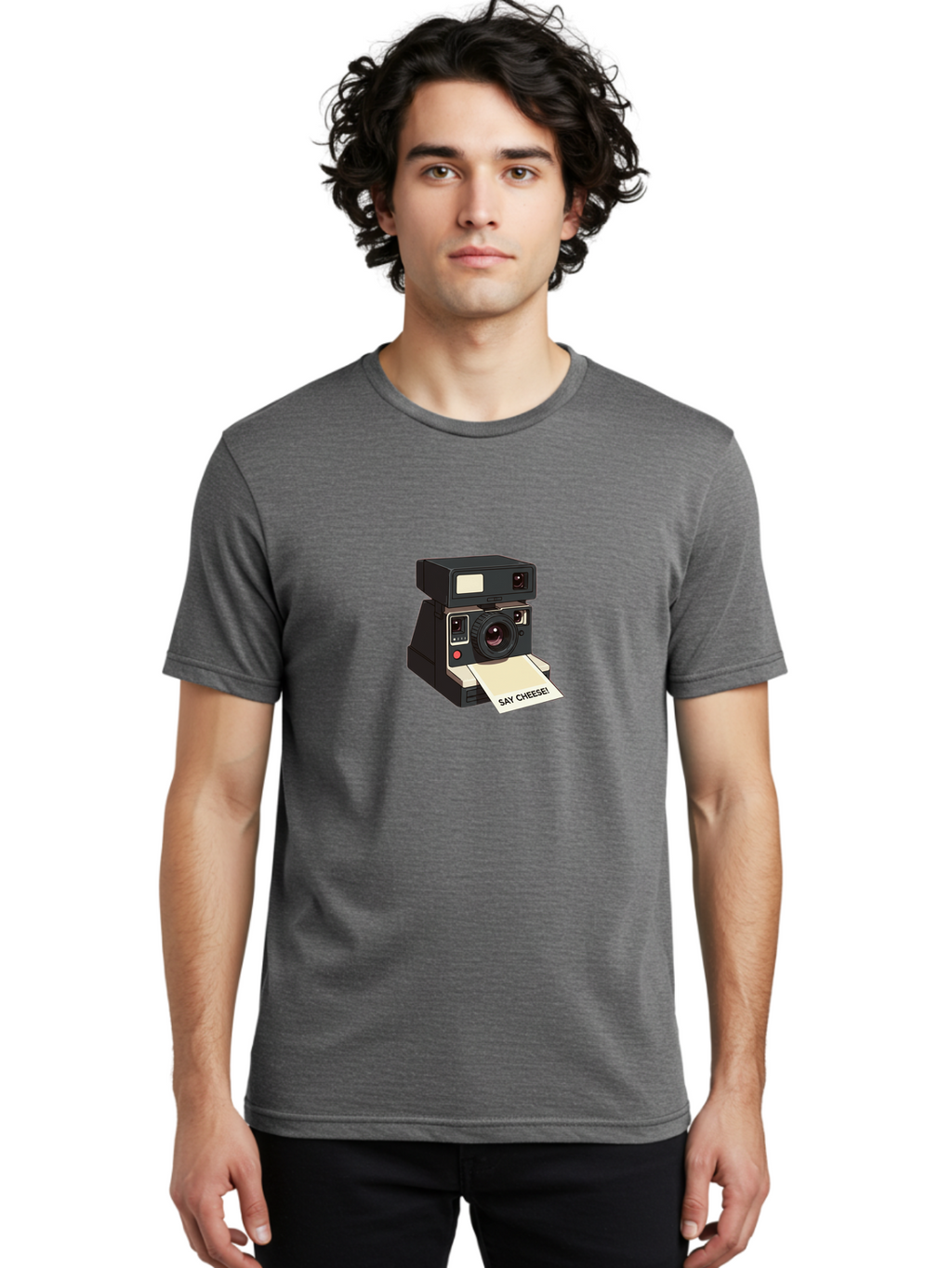 Polaroid-Camera Men'S Graphic Tee, 100% Cotton, Comfortable Casual Summer Wear, Machine Washable, Vintage Polaroid Camera, Instant Photography, Retro Style, Say Cheese Print, Nostalgic Feel, Photography Moment, Classic Design, Black Camera Bae690