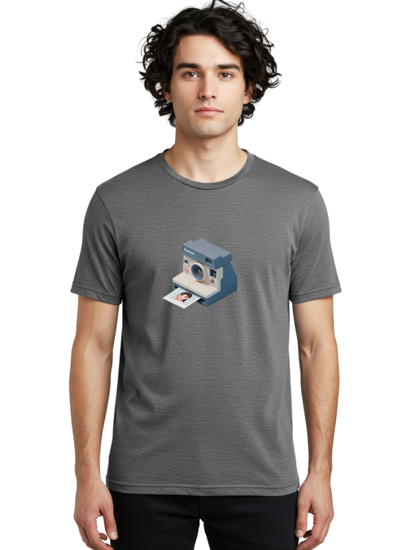 Polaroid Men'S Graphic Tee, 100% Cotton, Comfortable Casual Summer Wear, Machine Washable, Polaroid Camera, Instant Photography, Physical Photos, Nostalgic Feel, Printed Picture, Young Woman'S Face, Retro Technology, Digital To Physical Bae691