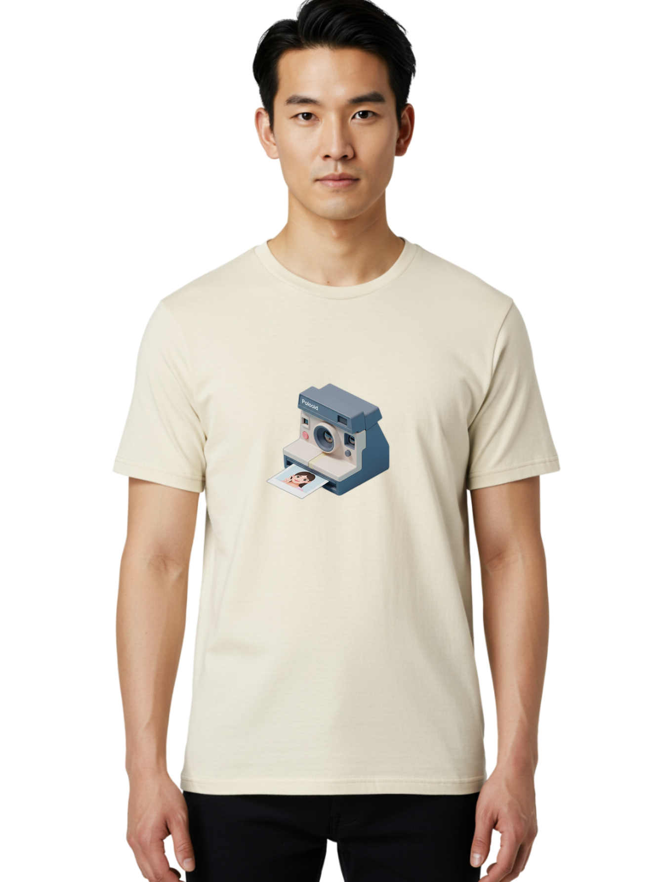 Polaroid Men'S Graphic Tee, 100% Cotton, Comfortable Casual Summer Wear, Machine Washable, Polaroid Camera, Instant Photography, Physical Photos, Nostalgic Feel, Printed Picture, Young Woman'S Face, Retro Technology, Digital To Physical Bae691