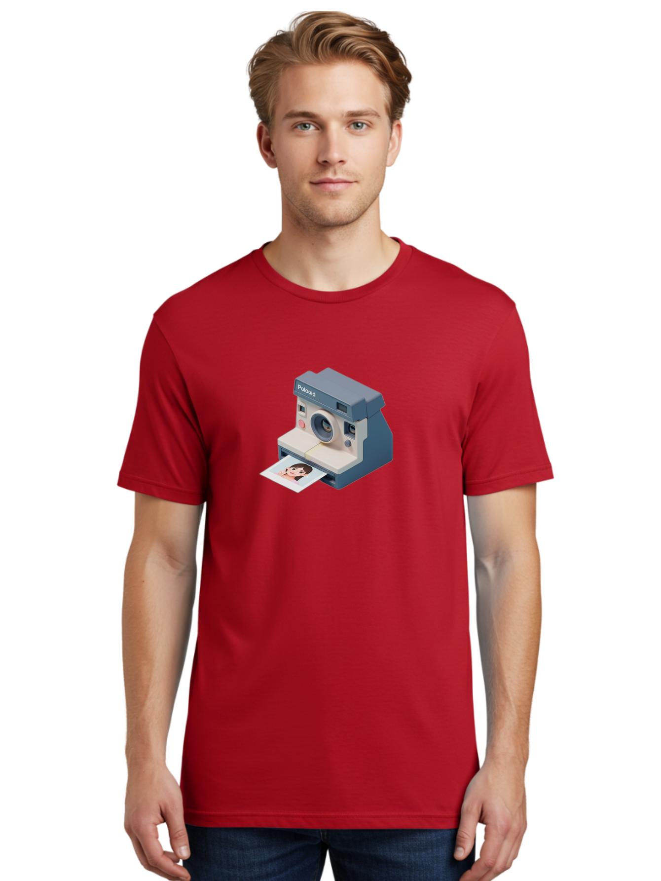 Polaroid Men'S Graphic Tee, 100% Cotton, Comfortable Casual Summer Wear, Machine Washable, Polaroid Camera, Instant Photography, Physical Photos, Nostalgic Feel, Printed Picture, Young Woman'S Face, Retro Technology, Digital To Physical Bae691