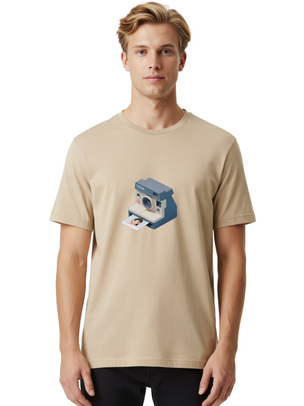 Polaroid Men'S Graphic Tee, 100% Cotton, Comfortable Casual Summer Wear, Machine Washable, Polaroid Camera, Instant Photography, Physical Photos, Nostalgic Feel, Printed Picture, Young Woman'S Face, Retro Technology, Digital To Physical Bae691