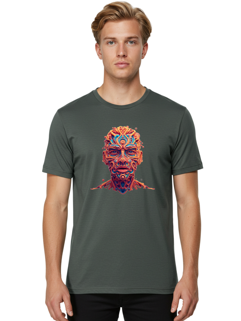 Psychedelic-Portrait Men'S Graphic Tee, 100% Cotton, Comfortable Casual Summer Wear, Machine Washable, Surreal Art, Psychedelic Patterns, Vibrant Colors, Abstract Design, Intricate Details, Futuristic Style, Vivid Imagery, Digital Art, Bae693