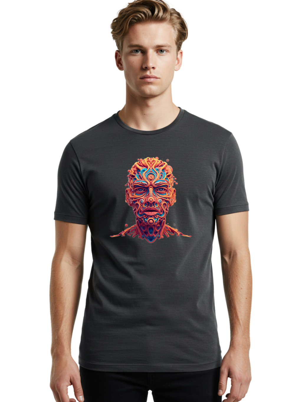 Psychedelic-Portrait Men'S Graphic Tee, 100% Cotton, Comfortable Casual Summer Wear, Machine Washable, Surreal Art, Psychedelic Patterns, Vibrant Colors, Abstract Design, Intricate Details, Futuristic Style, Vivid Imagery, Digital Art, Bae693