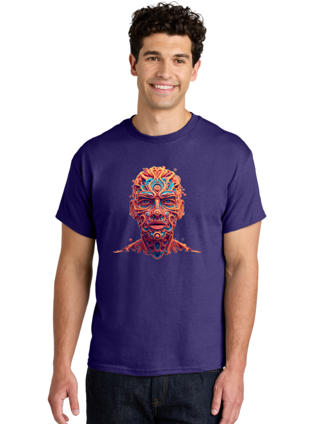 Psychedelic-Portrait Men'S Graphic Tee, 100% Cotton, Comfortable Casual Summer Wear, Machine Washable, Surreal Art, Psychedelic Patterns, Vibrant Colors, Abstract Design, Intricate Details, Futuristic Style, Vivid Imagery, Digital Art, Bae693
